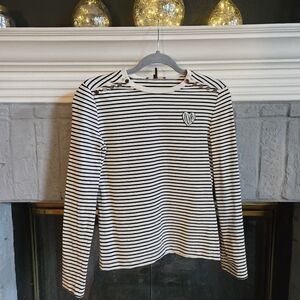 MAJE Black White Striped Long Sleeve Gold Snap Collar Blouse Shirt Sz 1 S